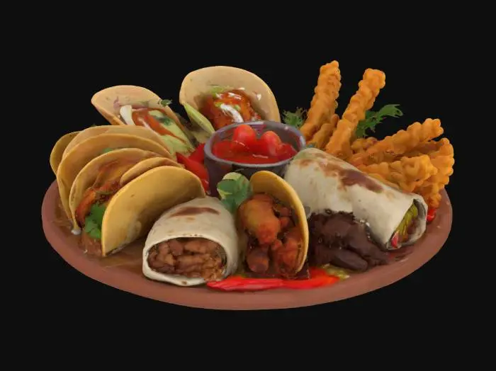 3D model for [Mexico], Highly Detailed, Ultra Realistic, a delicious Mexican dinner party platter with detailed food like mini tacos, churros, burritos, and al pastor, #AroundTheWorld#