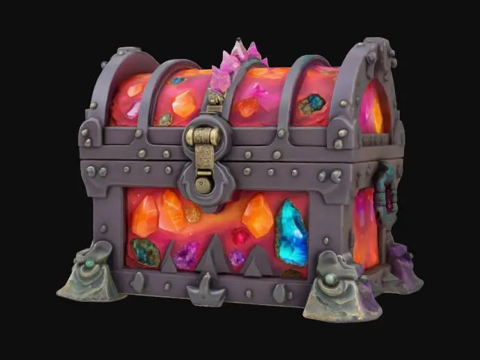 3D model for a colorful, locked geode-themed treasure chest, ultra realistic, highly detailed