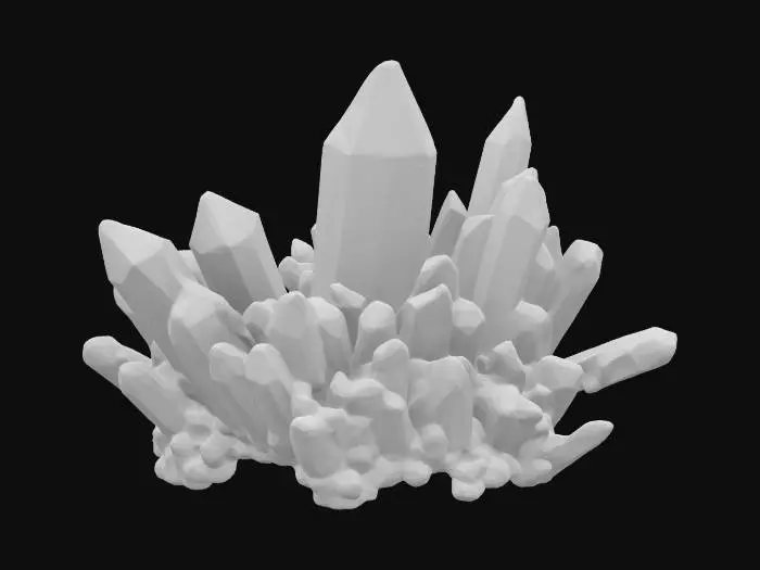 3D model for a cluster of prism-shaped crystals, displaying a smooth texture and a vibrant gradient of rainbow colors