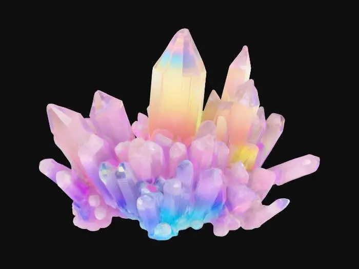 3D model for a cluster of prism-shaped crystals, displaying a smooth texture and a vibrant gradient of rainbow colors