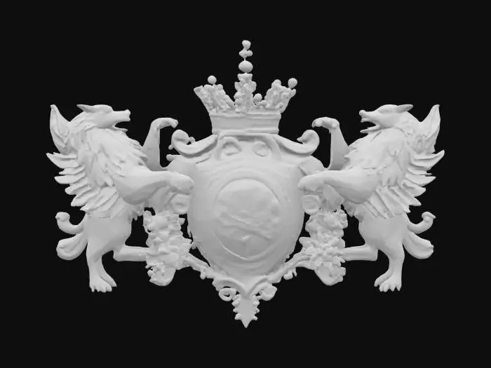 3D model for an ornate heraldic emblem featuring a central shield with a moonflower and full moon motif, flanked by two magnificent wolves, a regal black, red, and gold crown above the shield, and surrounded by natural elements, all rendered in a richly detailed and textured style., #emblem#