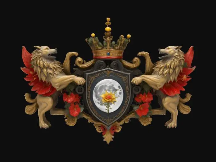 3D model for an ornate heraldic emblem featuring a central shield with a moonflower and full moon motif, flanked by two magnificent wolves, a regal black, red, and gold crown above the shield, and surrounded by natural elements, all rendered in a richly detailed and textured style., #emblem#