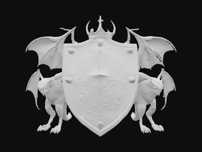 3D model for a vampiric-themed shield with a red and gold color scheme, flanked by two large gargoyle-like figures with bat wings, and a vampire armor helmet with a crown on top, exhibiting a vivid, detailed texture and intricate, gothic design elements., #emblem#