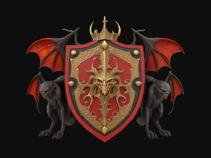3D model for a vampiric-themed shield with a red and gold color scheme, flanked by two large gargoyle-like figures with bat wings, and a vampire armor helmet with a crown on top, exhibiting a vivid, detailed texture and intricate, gothic design elements., #emblem#
