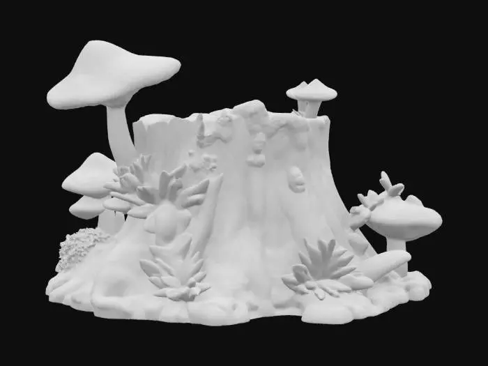 3D model for a beautiful glowing bioluminescent mossy tree stump with beautiful red spotted glowing bioluminescent mushrooms growing from a crack in its surface, blue creeping flowers, and orange shelf mushrooms, Ultra Realistic, Highly Detailed