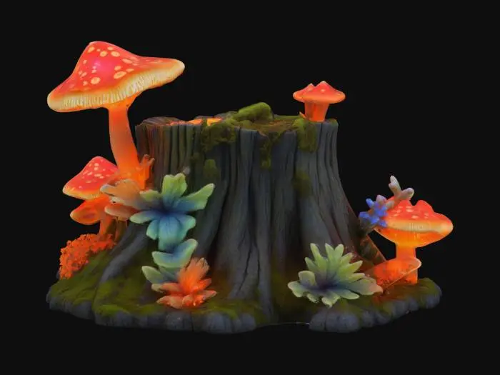 3D model for a beautiful glowing bioluminescent mossy tree stump with beautiful red spotted glowing bioluminescent mushrooms growing from a crack in its surface, blue creeping flowers, and orange shelf mushrooms, Ultra Realistic, Highly Detailed