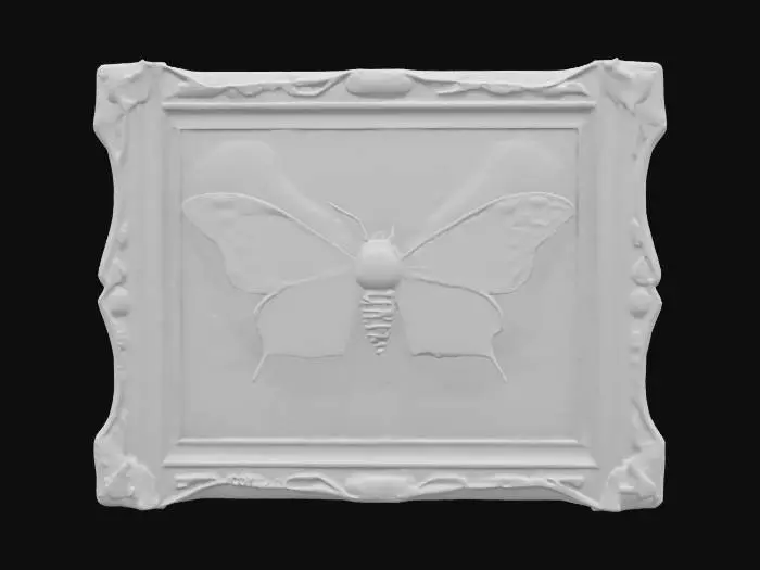 3D model for The object is a framed, stylized starry moth with vibrant, multicolored wings featuring a galaxy-like texture, bordered by a carved wooden frame adorned with purple crystals., #emblem#