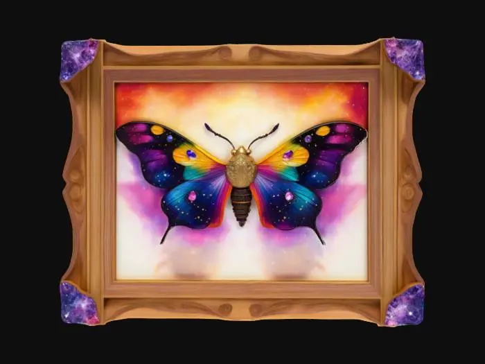 3D model for The object is a framed, stylized starry moth with vibrant, multicolored wings featuring a galaxy-like texture, bordered by a carved wooden frame adorned with purple crystals., #emblem#