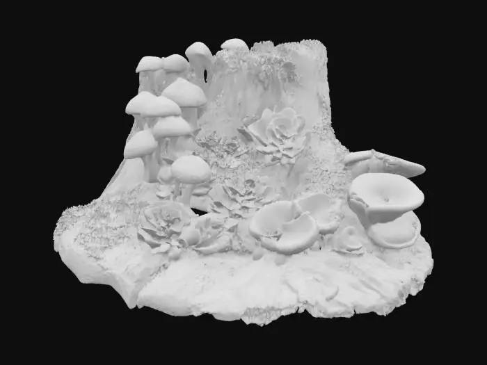 3D model for a beautiful mossy tree stump with bioluminescent violet glowing mushrooms, blue creeping flowers, sage-colored succulents, and pale orange shelf mushrooms