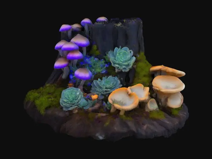 3D model for a beautiful mossy tree stump with bioluminescent violet glowing mushrooms, blue creeping flowers, sage-colored succulents, and pale orange shelf mushrooms