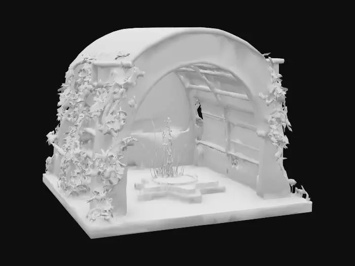 3D model for An ornate, Moorish-inspired fountain with a horseshoe-shaped archway made of intricately tiled ceramic in blues, greens, and gold patterns. Fragrant jasmine vines, heavy with small, star-shaped white flowers, drape elegantly over the arch. Multiple slender streams of water spout from stylized spouts within the arch, splashing into a star-shaped pool., #arch#