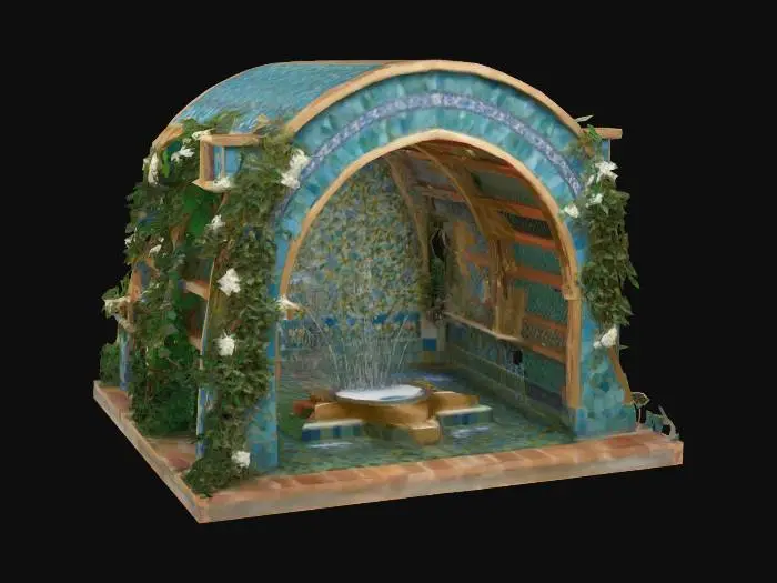 3D model for An ornate, Moorish-inspired fountain with a horseshoe-shaped archway made of intricately tiled ceramic in blues, greens, and gold patterns. Fragrant jasmine vines, heavy with small, star-shaped white flowers, drape elegantly over the arch. Multiple slender streams of water spout from stylized spouts within the arch, splashing into a star-shaped pool., #arch#