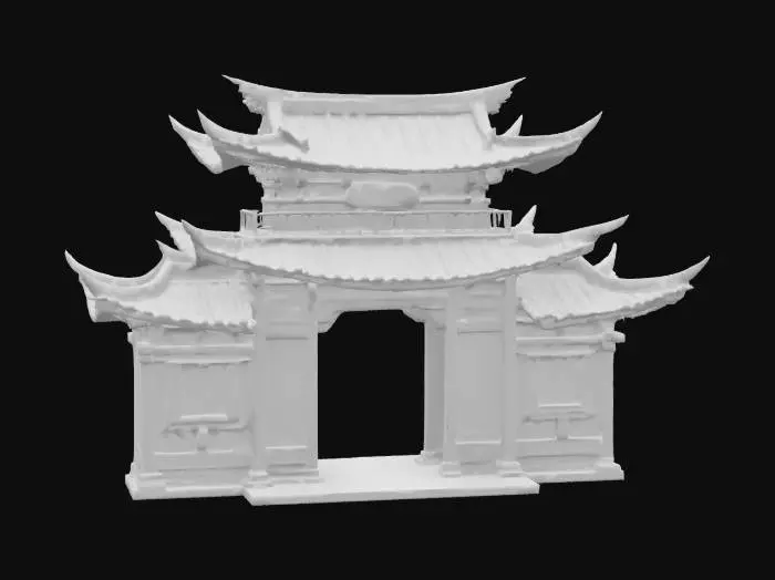 3D model for A fantastical, multi-layered Japanese archway, resembling a miniature pagoda, with multiple curved, tiled roofs ascending to a pointed apex. Each tier is crafted from highly polished, deep indigo lacquered wood, adorned with delicate, hand-painted cherry blossom and cloud patterns in gold and silver. The surface is slick and cool, feeling impossibly smooth, creating a dreamlike, intricate, and vibrant passage., #arch#