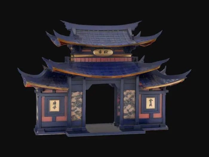 3D model for A fantastical, multi-layered Japanese archway, resembling a miniature pagoda, with multiple curved, tiled roofs ascending to a pointed apex. Each tier is crafted from highly polished, deep indigo lacquered wood, adorned with delicate, hand-painted cherry blossom and cloud patterns in gold and silver. The surface is slick and cool, feeling impossibly smooth, creating a dreamlike, intricate, and vibrant passage., #arch#