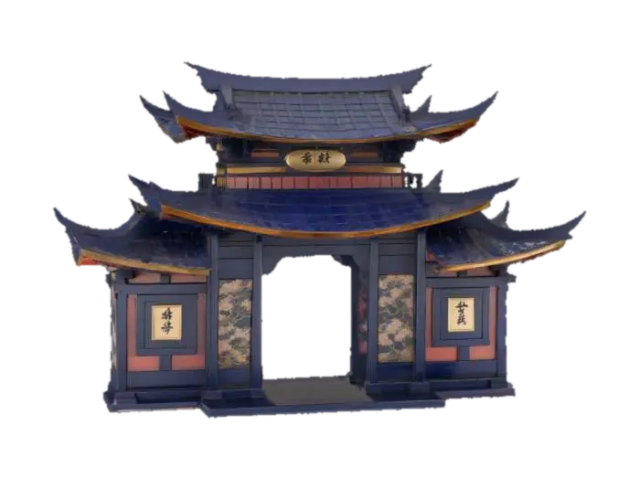 A fantastical, multi-layered Japanese archway, resembling a miniature pagoda, with… 3D model, vytvořený pomocí AI