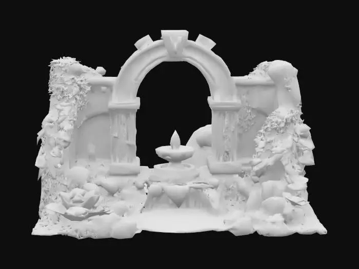 3D model for a miniature ruined temple landscape fountain arch featuring a textured, stone-like structure with aged, moss-covered runes, cascading water, lush ivy and lotus plants, and a soft teal magical glow flowing up from a basin, #arch#