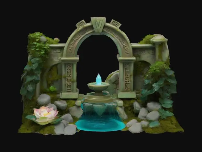 3D model for a miniature ruined temple landscape fountain arch featuring a textured, stone-like structure with aged, moss-covered runes, cascading water, lush ivy and lotus plants, and a soft teal magical glow flowing up from a basin, #arch#
