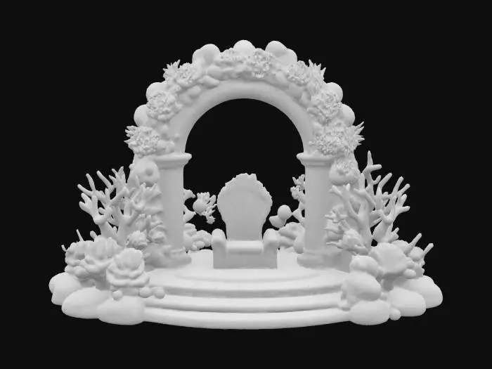 3D model for an isometric model of an underwater throne archway created by vibrant coral and realistic seashells, arched over an underwater royal throne, #arch#
