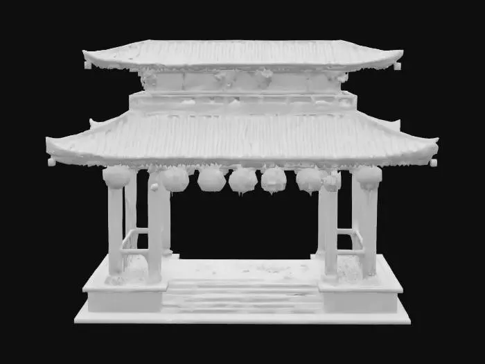 3D model for a beautiful tiered pond with an elaborate traditional japanese arch over it with paper lanterns, #arch#