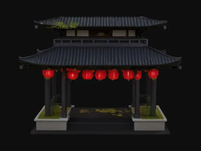 3D model for a beautiful tiered pond with an elaborate traditional japanese arch over it with paper lanterns, #arch#