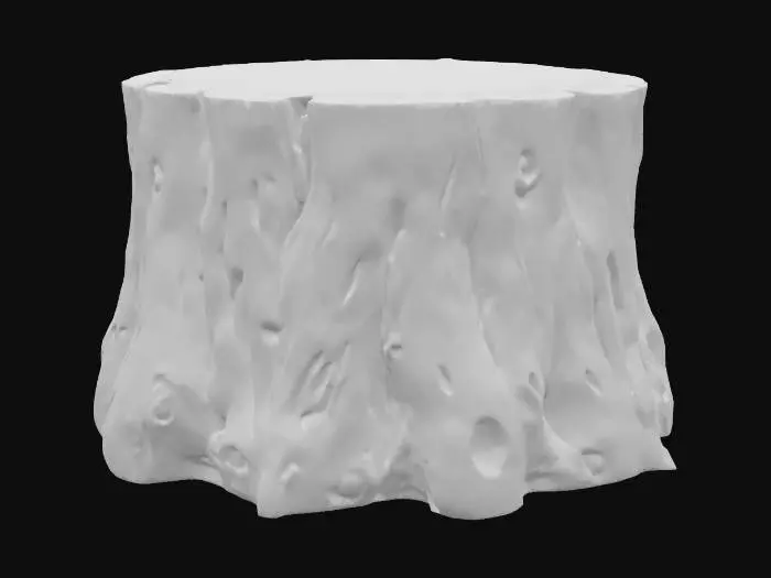 3D model for A slightly stylized tree stump sitting by the pond, its broad, flat top appearing as smooth as polished river stone, showing distinct, concentric growth rings in varying shades of light brown. The sides retain a rougher, darker bark texture, softened by patches of vibrant green moss. It feels cool and exceptionally smooth on top, with a rougher, earthy texture on its sides, conveying a serene, grounded presence.
