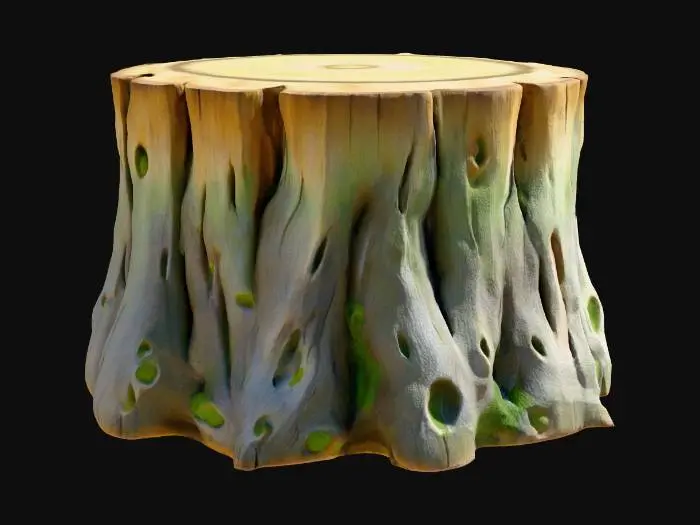 3D model for A slightly stylized tree stump sitting by the pond, its broad, flat top appearing as smooth as polished river stone, showing distinct, concentric growth rings in varying shades of light brown. The sides retain a rougher, darker bark texture, softened by patches of vibrant green moss. It feels cool and exceptionally smooth on top, with a rougher, earthy texture on its sides, conveying a serene, grounded presence.