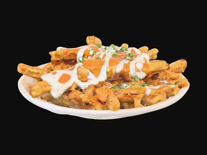 3D model for A tidy heap of waffle fries on a plate with craggy ridges catching orange-red buffalo and creamy ranch in a crosshatched drizzle. Scallion rings, blue-cheese crumbles, and a final dusting of paprika #food#