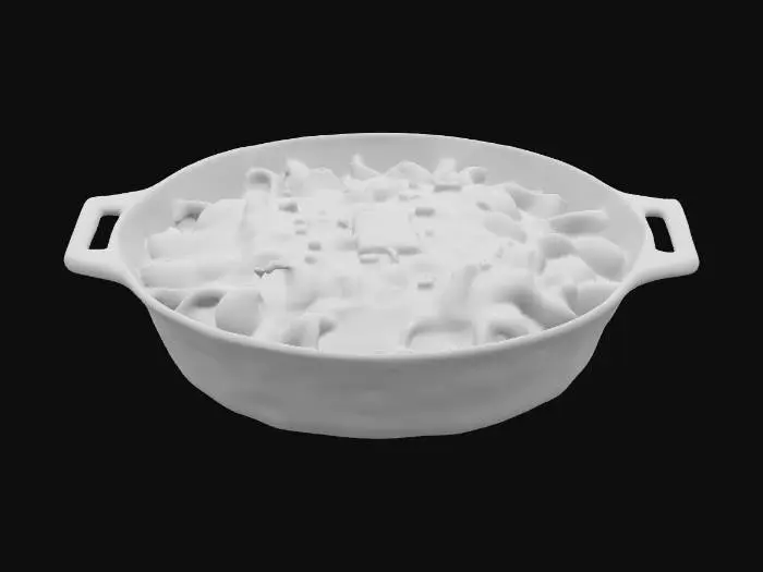 3D model for oven-baked macaroni and cheese in a cast iron skillet with a bronzed breadcrumb crust split to reveal a glossy, velvety macaroni interior.  with chives and a pat of butter melting into a shiny pond at the center., #food#