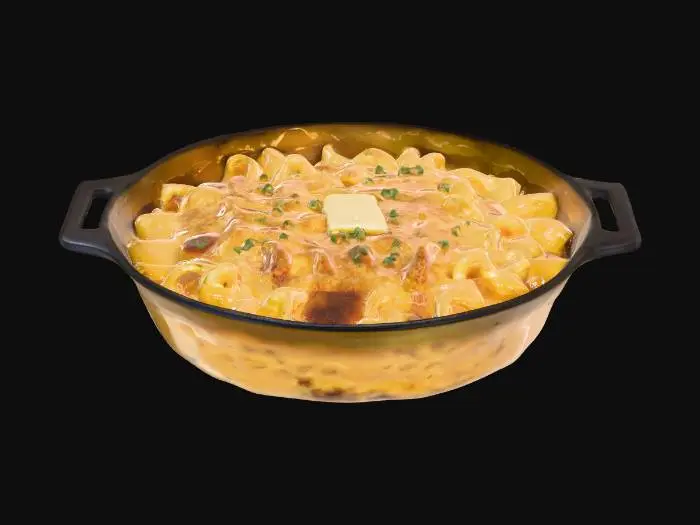 3D model for oven-baked macaroni and cheese in a cast iron skillet with a bronzed breadcrumb crust split to reveal a glossy, velvety macaroni interior.  with chives and a pat of butter melting into a shiny pond at the center., #food#