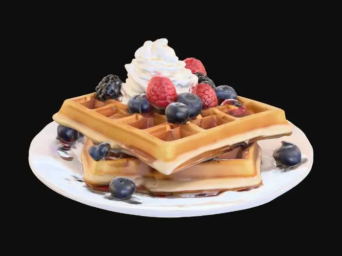3D model for Highly Detailed, Ultra Realistic, stack of detailed Belgian waffles on a plate, #food#