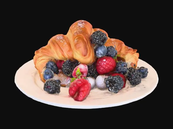 3D model for Highly Detailed, Ultra Realistic, a delicious berry-filled croissant on a plate, #food#