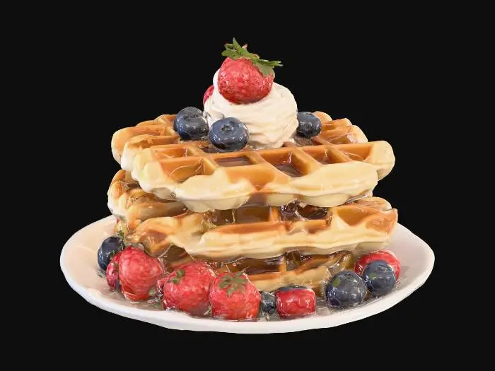 3D model for Highly Detailed, Ultra Realistic, stack of detailed Belgian waffles on a plate, #food#