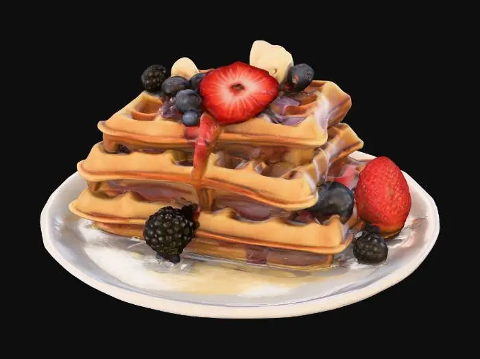 3D model for Highly Detailed, Ultra Realistic, stack of detailed Belgian waffles on a plate, #food#