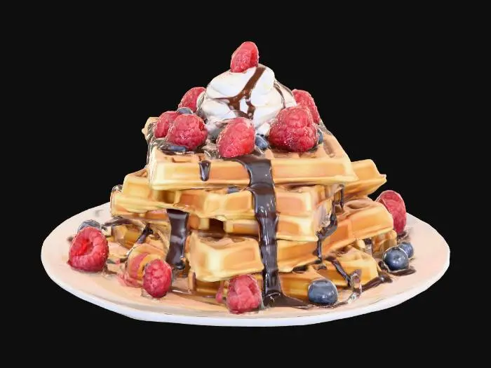 3D model for Highly Detailed, Ultra Realistic, stack of detailed Belgian waffles on a plate, #food#