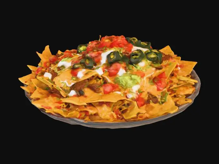 3D model for Highly Detailed, Ultra Realistic, a delicious plate of loaded nachos piled high, #food#