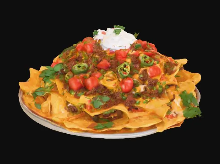 3D model for Highly Detailed, Ultra Realistic, a delicious plate of loaded nachos piled high, #food#