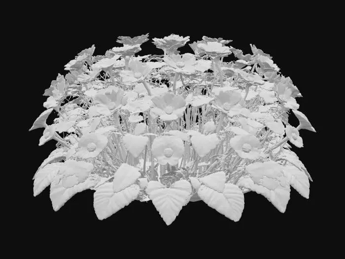 3D model for A low-lying forest plant, a creeping buttercup, with smooth, slender runners spreading across the ground. Its deeply lobed, dark green leaves are glossy and slightly waxy, forming a dense ground cover. Bright, cheerful yellow flowers, each with five smooth, lacquered petals, emerge on short stalks. The leaves feel slick and cool, while the petals are soft and silky, creating a radiant carpet of color.