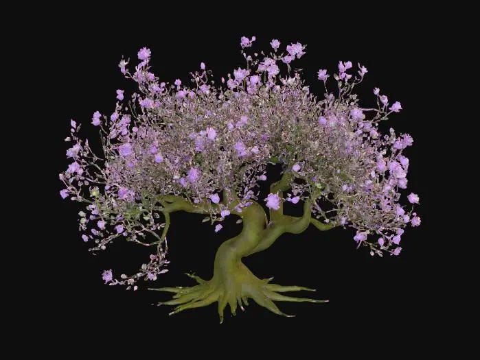 3D model for A sprawling forest bush, its slender, arching branches covered in fine, bristly hairs. Small, delicate leaves of a pale, muted green provide a soft, airy texture. Scattered along its branches are clusters of tiny, star-shaped purple blossoms, their petals papery and fragile. The branches feel flexible but slightly rough, creating a graceful, undulating form that adds subtle color and texture to the forest floor.