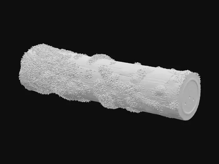 3D model for A dense, vibrant emerald green moss clump completely blankets the top surface of a fallen, decaying log. The moss conforms to the log's subtle curves, its velvety texture appearing incredibly soft and spongy. Where glimpses of the dark, porous wood peek through, it feels rough and damp. The entire clump is cool and heavily saturated, providing a lush, living cover over the ancient timber.