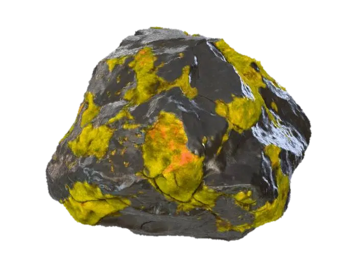 A formidable, irregularly shaped boulder of dark grey granite, its surface heavily… 3D model, vytvořený pomocí AI