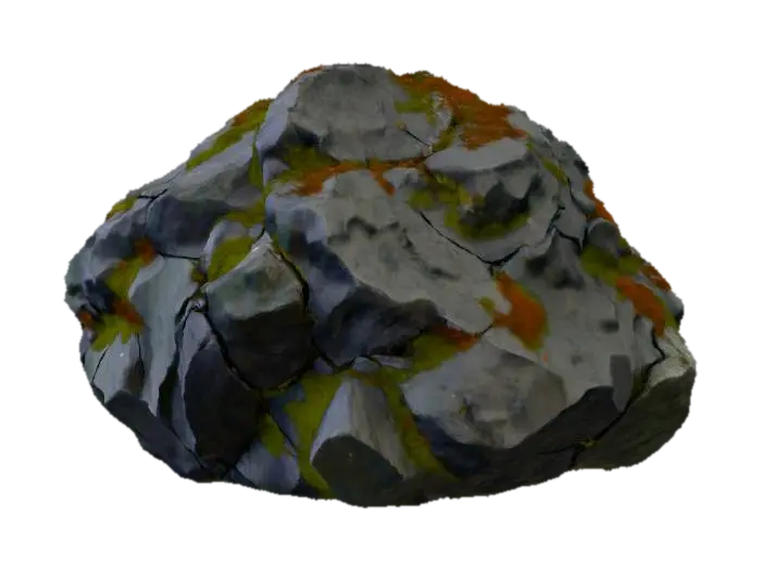 A formidable, irregularly shaped boulder of dark grey granite, its surface heavily… 3D model, vytvořený pomocí AI