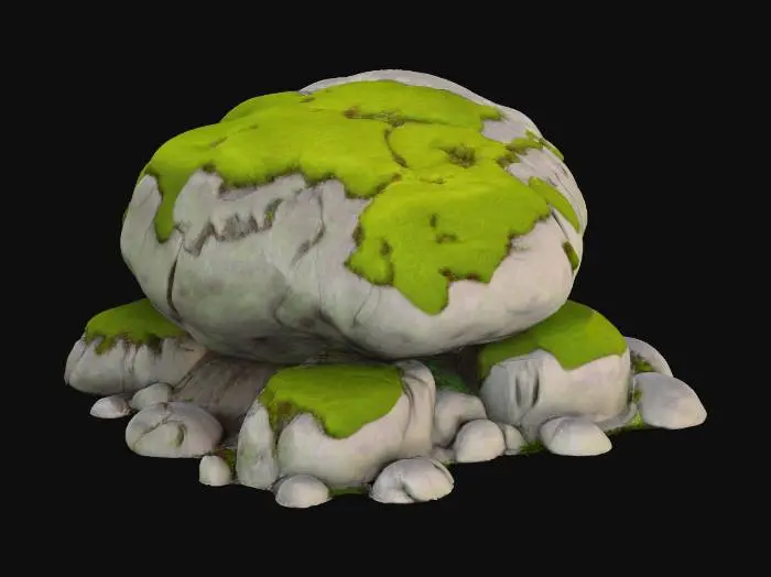 3D model for A majestic, gently rounded boulder, its ancient granite surface almost entirely enveloped in a thick, vibrant carpet of emerald green moss. The moss, velvety and deep, subtly highlights the boulder's natural curves and crevices. Where the stone peeks through, it's a dark, cool grey, smooth and worn by time.