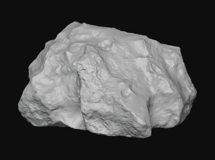 3D model for A formidable, irregularly shaped boulder, seemingly crafted from weathered brown sandstone, deeply grooved and pockmarked. Its entire surface is heavily encrusted with a rich tapestry of variegated mosses and lichens, ranging from deep olive to rusty red hues, creating a complex, textured landscape.