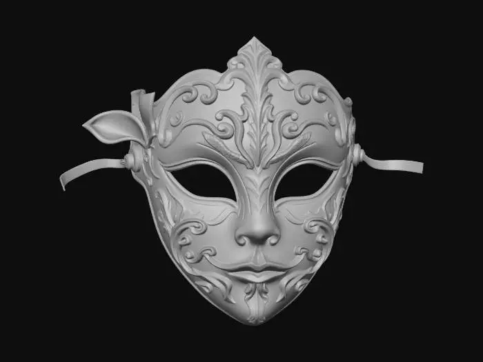 3D model for an elegant, aged, dark bronze venetian masquerade mask with purple and teal accents and elaborate gold filigree
