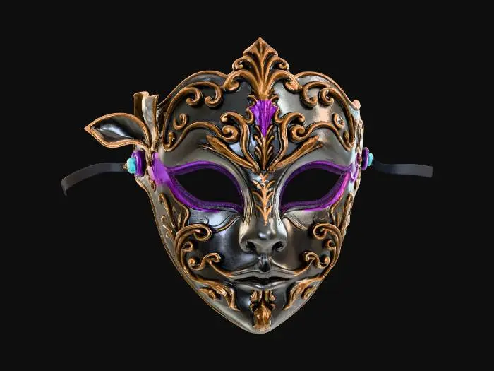 3D model for an elegant, aged, dark bronze venetian masquerade mask with purple and teal accents and elaborate gold filigree
