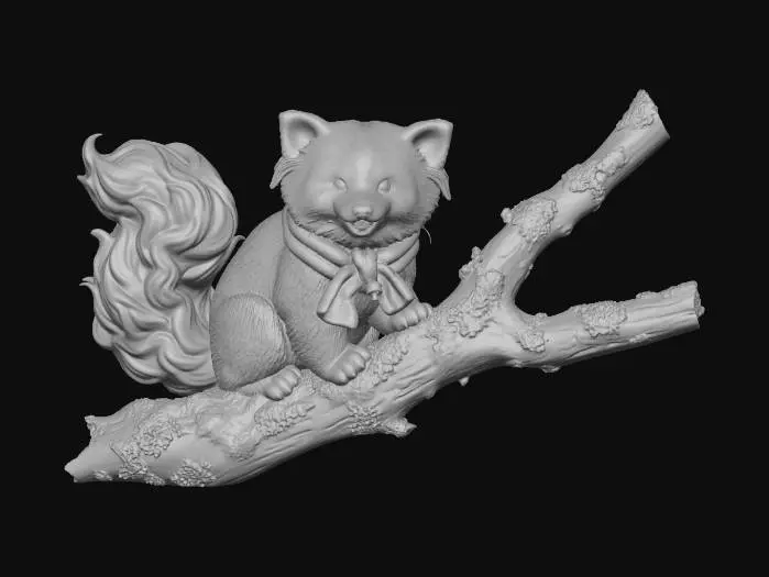 3D model for Rainbow-Eared Red Panda on a Mossy Branch
