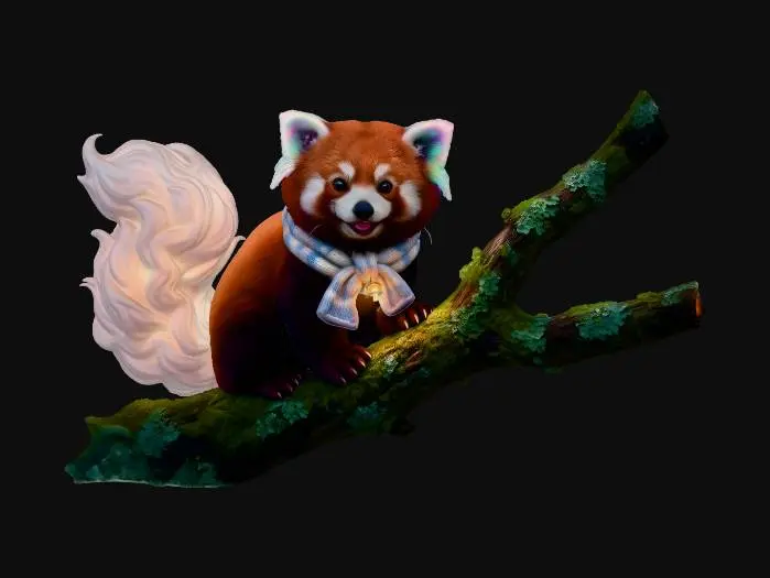 3D model for Rainbow-Eared Red Panda on a Mossy Branch
