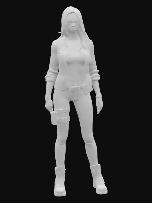 3D model for an intricately-detailed tactical female with very long blonde hair, aviator sunglasses, tattoo sleeves, an open flannel shirt with black shirt underneath, dark skinny jeans with a belt, combat boots, a thigh gun holster, a shoulder gun holster, combat boots, and fingerless gloves