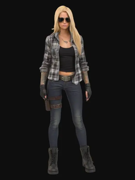 3D model for an intricately-detailed tactical female with very long blonde hair, aviator sunglasses, tattoo sleeves, an open flannel shirt with black shirt underneath, dark skinny jeans with a belt, combat boots, a thigh gun holster, a shoulder gun holster, combat boots, and fingerless gloves