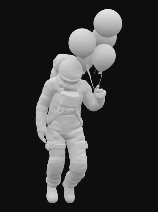 3D model for a detailed and textured astronaut holding the strings of planet-shaped and colored balloons that are floating above him: saturn, earth, mars, venus, mercury, jupiter, neptune, pluto, uranus
